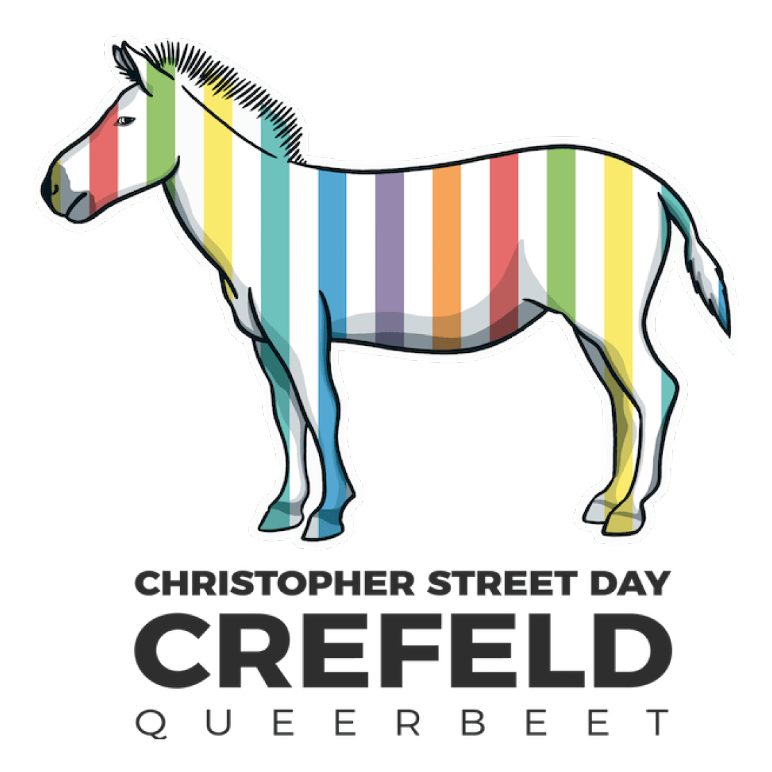 Das Bild zeigt das Logo des CSD Krefeld. Das Logo besteht aus einer Zeichnung eines Esels, dessen Körper von vertikalen Streifen in den Farben des Regenbogens bedeckt ist. Unter der Zeichnung steht in schwarzer Schrift "CHRISTOPHER STREET DAY" und darunter in größeren schwarzen Buchstaben "CREFELD". Darunter befindet sich in kleinerer schwarzer Schrift das Wort "QUEERBEET".