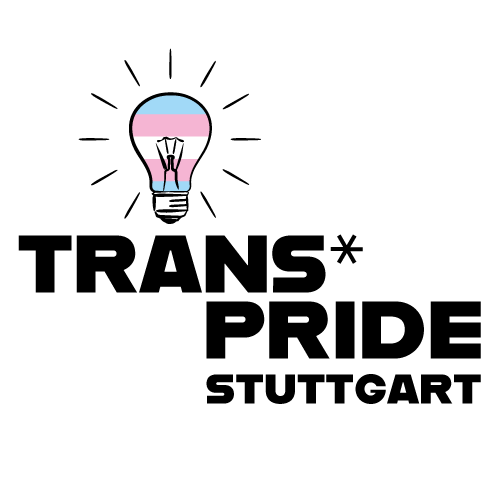 Logo der Trans* Pride Stuttgart. Eine Glühbirne, deren Glaskörper in den Farben der Trans*-Flagge gestaltet ist: Blau, Rosa und Weiß. Der Schriftzug 'Trans* Pride Stuttgart' ist in großen schwarzen Buchstaben darunter platziert.