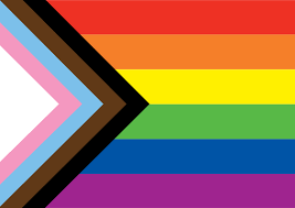 Das Bild zeigt die Progress-Pride-Flagge. Diese Flagge besteht aus horizontalen Streifen in den Farben Rot, Orange, Gelb, Grün, Blau und Lila. Auf der linken Seite verläuft ein dreieckiges Chevron-Muster in den Farben Schwarz und Braun, sowie Hellblau, Rosa und Weiß. Die schwarzen und braunen Streifen repräsentieren People of Color und die Farben Hellblau, Rosa und Weiß stehen für die Transgender-Gemeinschaft.