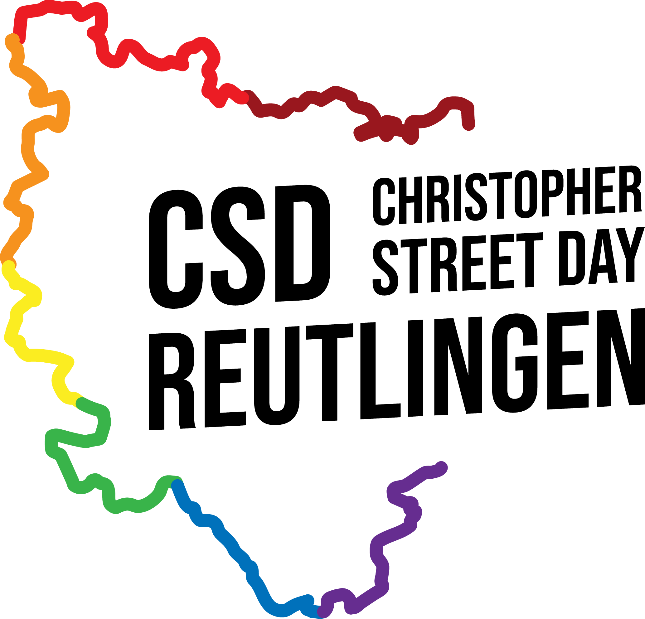 Das Bild zeigt das Logo des CSD Reutlingen. Es besteht aus der Umrisskarte von Baden-Württemberg, deren Konturen in den Farben des Regenbogens (rot, orange, gelb, grün, blau, lila) gestaltet sind. Die durchgehende Linie repräsentiert die Vielfalt und Inklusion innerhalb der Region.