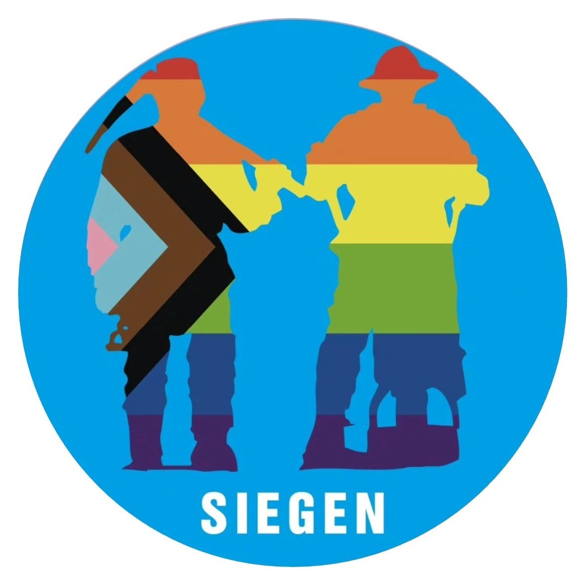 Regenbogen, zwei Bergmänner, bunt, queer, blauer Hintergrund, Wort SIEGEN, Stadt
