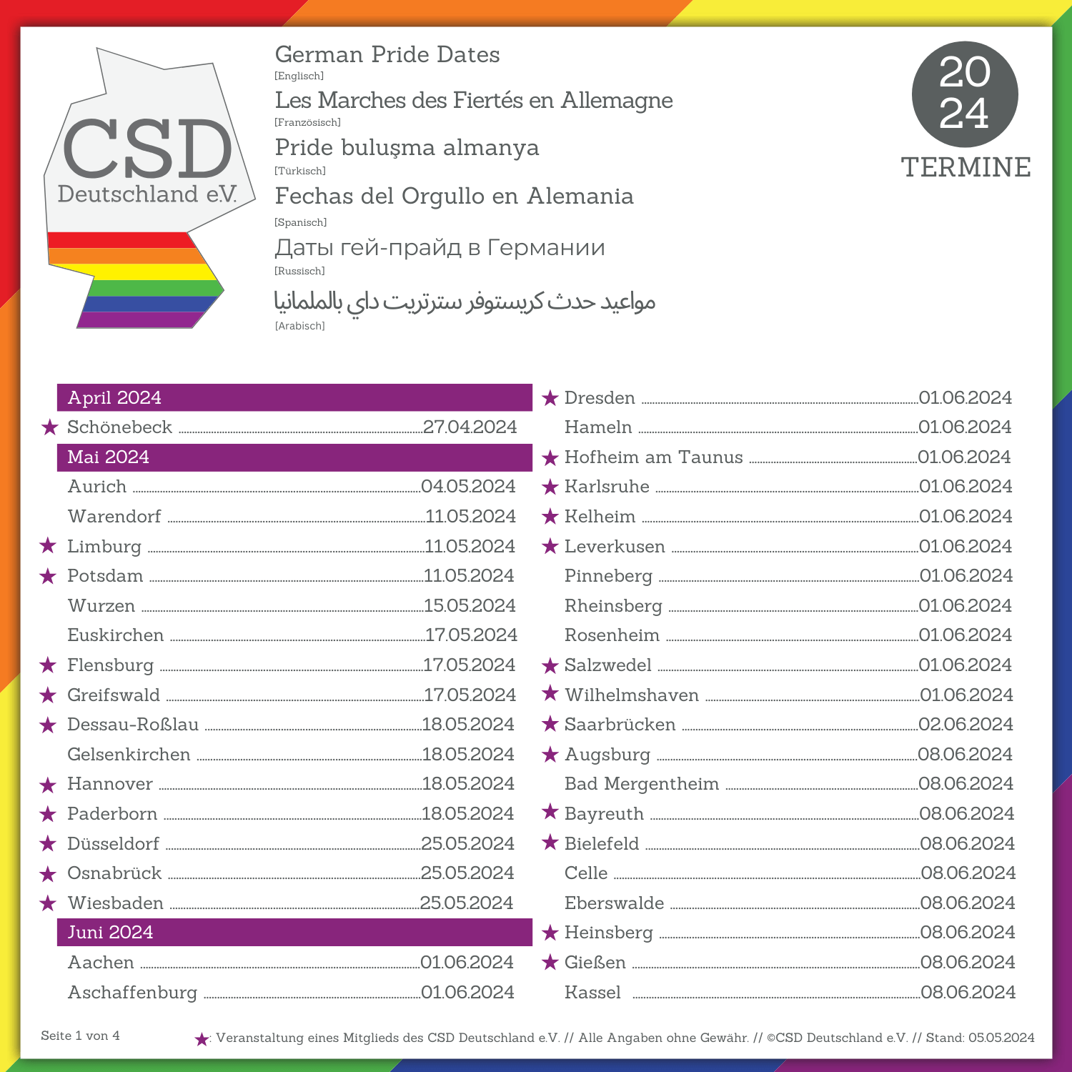 Übersichtskalender der CSD-Termine in Deutschland für April, Mai und Juni 2024. Das Dokument zeigt eine Liste von Veranstaltungen, unterteilt nach Monaten, jeweils mit Datum und Ort aufgeführt. Die Liste beginnt mit Schönebeck am 27.04.2024 und endet mit Aschaffenburg am 01.06.2024. Zusätzlich ist das CSD Deutschland e.V. Logo sichtbar und der Titel 'German Pride Dates' wird in mehreren Sprachen wie Englisch, Französisch, Türkisch, Spanisch, Russisch und Arabisch übersetzt. Das Dokument befindet sich auf Seite 1 von 4.