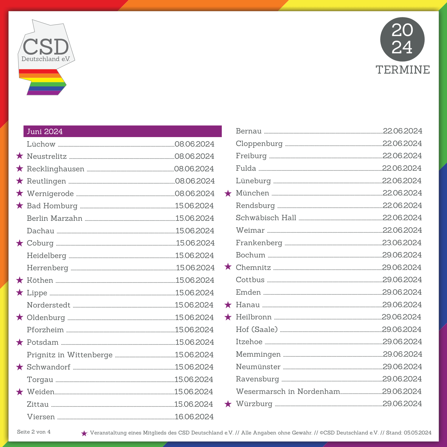 Übersichtskalender der CSD-Termine in Deutschland für Juni 2024. Die Liste ist nach Datum geordnet und enthält Städtenamen für geplante CSD-Veranstaltungen. Zu den Highlights gehören Neustrelitz, Recklinghausen, Reutlingen und München, die mit einem Stern gekennzeichnet sind. Die Liste zeigt zwei Spalten mit Städten von Lüchow am 08.06.2024 bis Würzburg am 29.06.2024. Das CSD Deutschland e.V. Logo ist im oberen Bereich sichtbar und das Dokument befindet sich auf Seite 2 von 4.