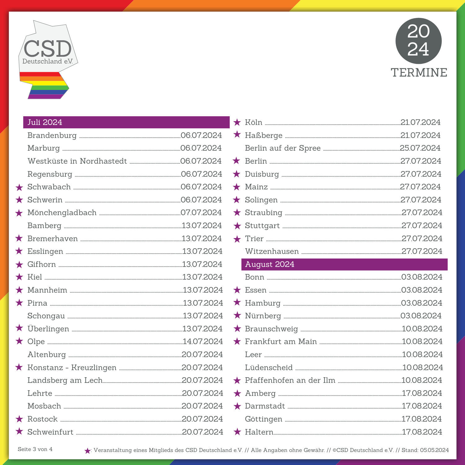 Der ALT-Text für das Bild könnte lauten: "Übersichtskalender der CSD-Termine in Deutschland für Juli 2024. Die Liste ist farblich unterteilt nach Monaten und auf einem Hintergrund mit dem CSD Deutschland e.V. Logo und der Regenbogenflagge dargestellt. Jede Veranstaltung ist mit Datum und Veranstaltungsort aufgeführt, wobei einige Termine mit einem Stern gekennzeichnet sind, um besondere Events hervorzuheben. Das Dokument trägt den Titel '2024 TERMINE' und befindet sich auf Seite 3 von 4."