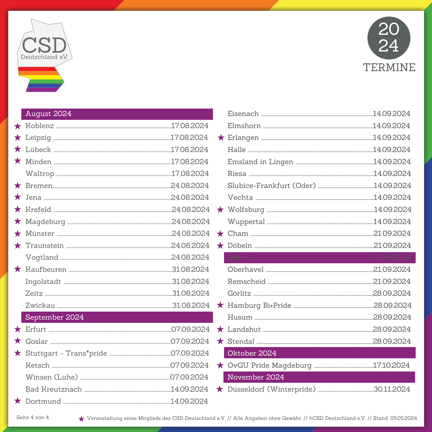 Übersichtskalender der CSD-Termine in Deutschland für August, September, Oktober und November 2024. Die Liste ist farblich kodiert und unterteilt nach Monaten, angezeigt auf einem Hintergrund mit dem CSD Deutschland e.V. Logo und der Regenbogenflagge. Jede Veranstaltung ist mit Datum und Veranstaltungsort aufgeführt, wobei einige Termine mit einem Stern gekennzeichnet sind, um besondere Events hervorzuheben. Das Dokument trägt den Titel '2024 TERMINE' und befindet sich auf Seite 4 von 4.