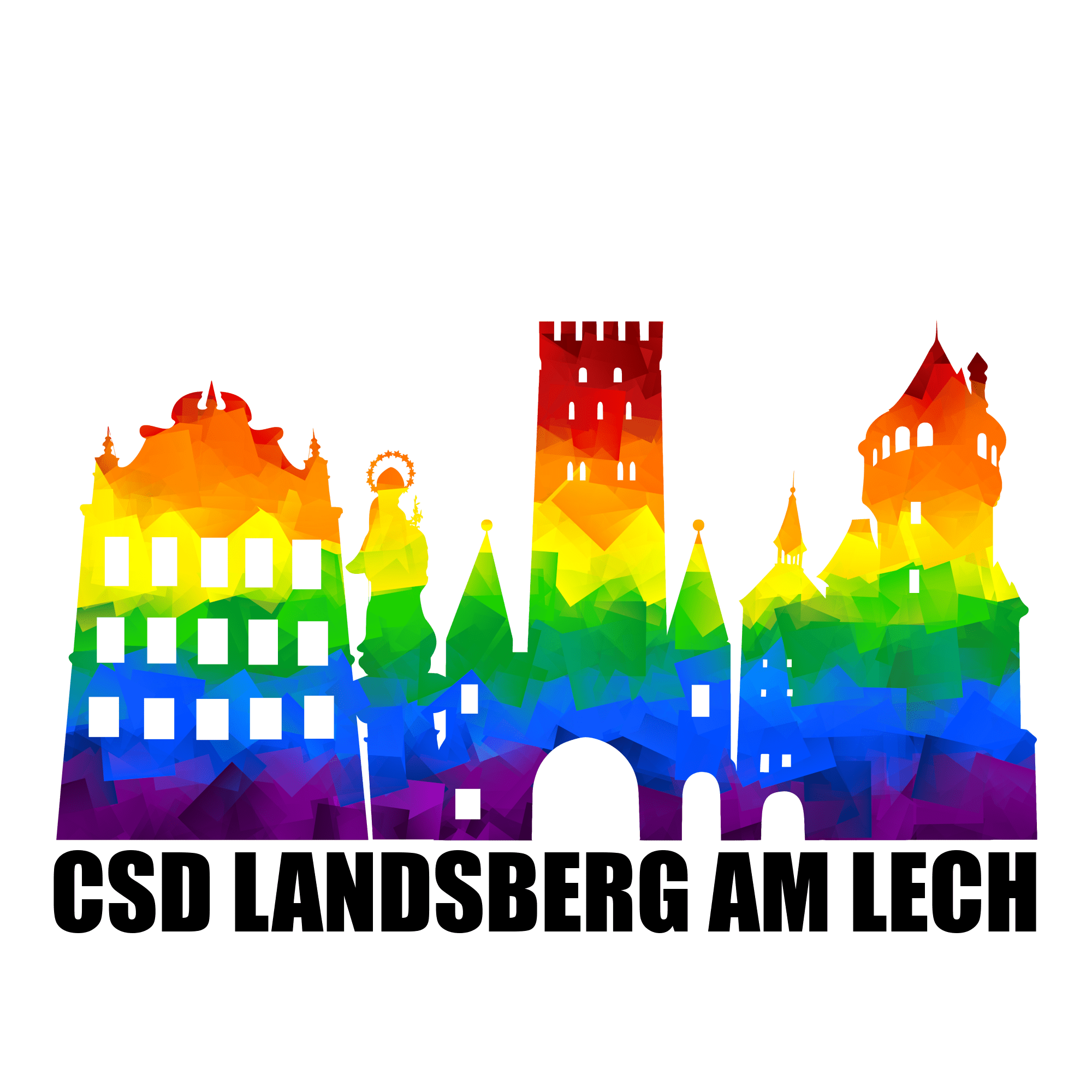 Das Bild zeigt das Logo des Christopher Street Day (CSD) Landsberg am Lech. Das Logo ist eine Silhouette der markanten Gebäude von Landsberg am Lech, darunter Türme und historische Bauwerke. Die Silhouette ist in den Farben des Regenbogens gehalten, die die LGBTQ+ Gemeinschaft repräsentieren. Unter der Silhouette steht in schwarzer Schrift "CSD Landsberg am Lech".