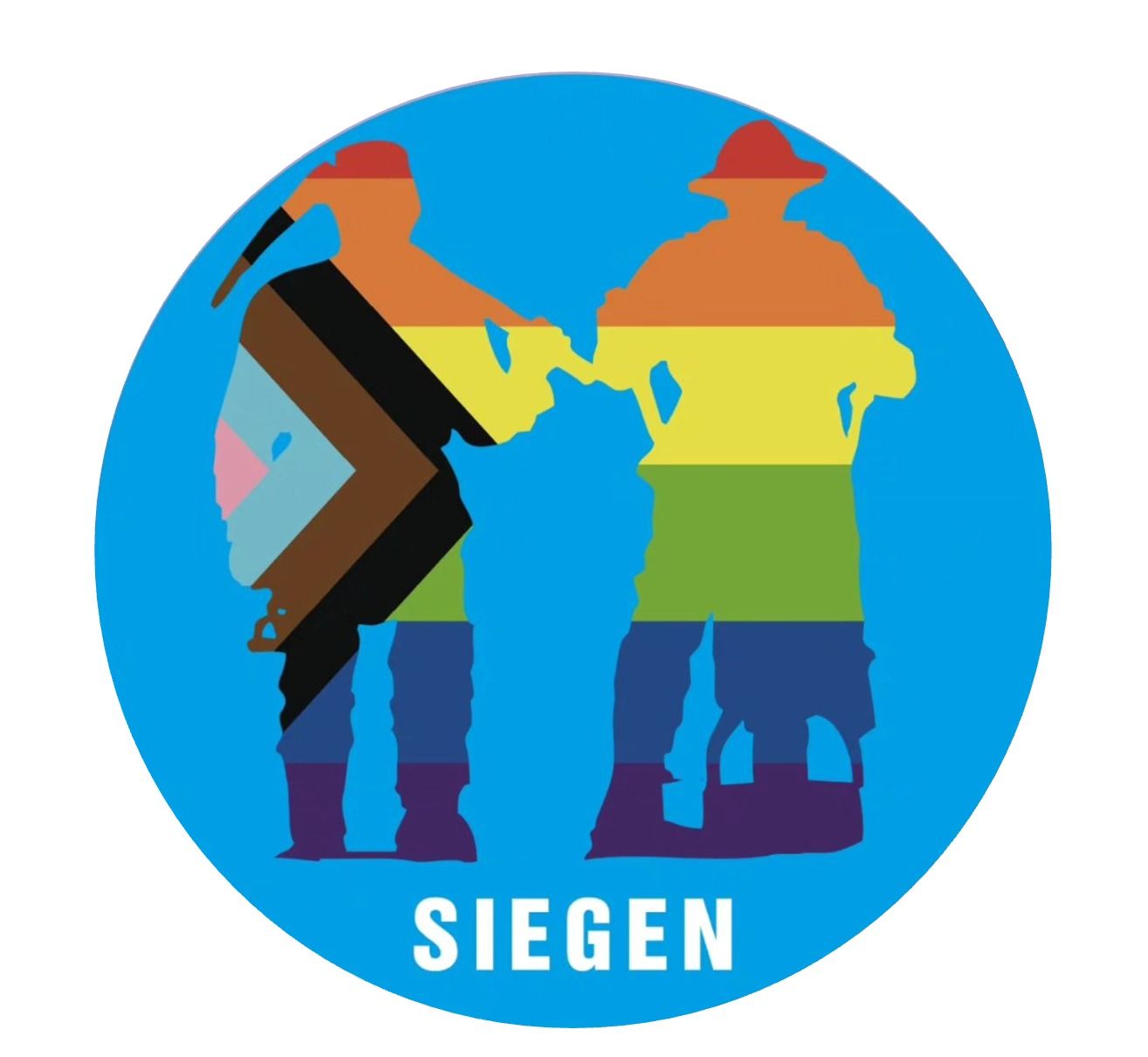 Logo des CSD Siegen mit der Aufschrift „Siegen“ darunter. Zwei stilisierte Personen im Vordergrund – eine mit Pickel, die andere mit Hut und Umhang –, deren Silhouetten in den Farben der Pride- und Progress-Pride-Flaggen gestaltet sind. Hintergrund ist ein hellblauer Kreis.