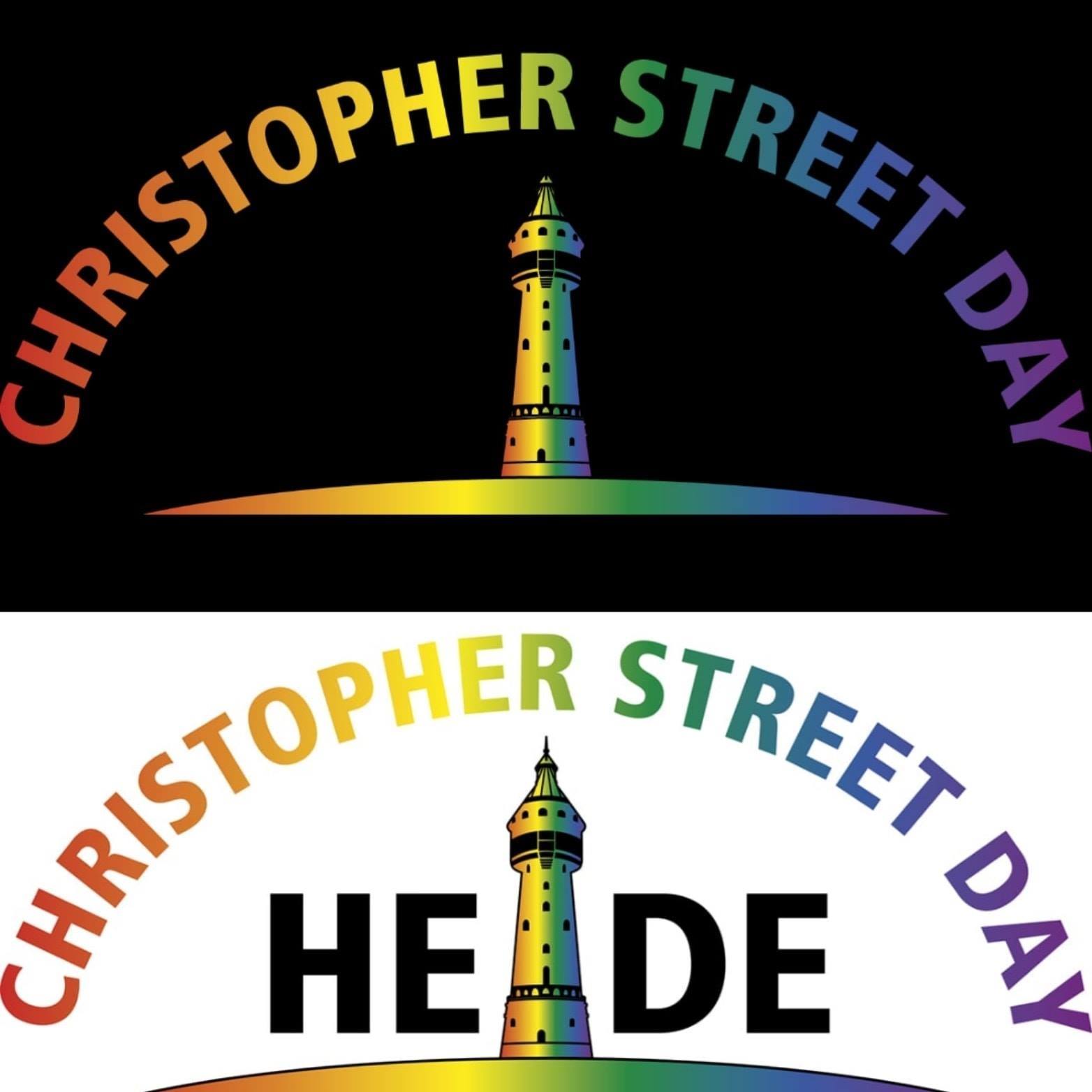 Logo des Christopher Street Day Heide mit einem Leuchtturm in Regenbogenfarben, einmal auf schwarzem und einmal auf weißem Hintergrund.