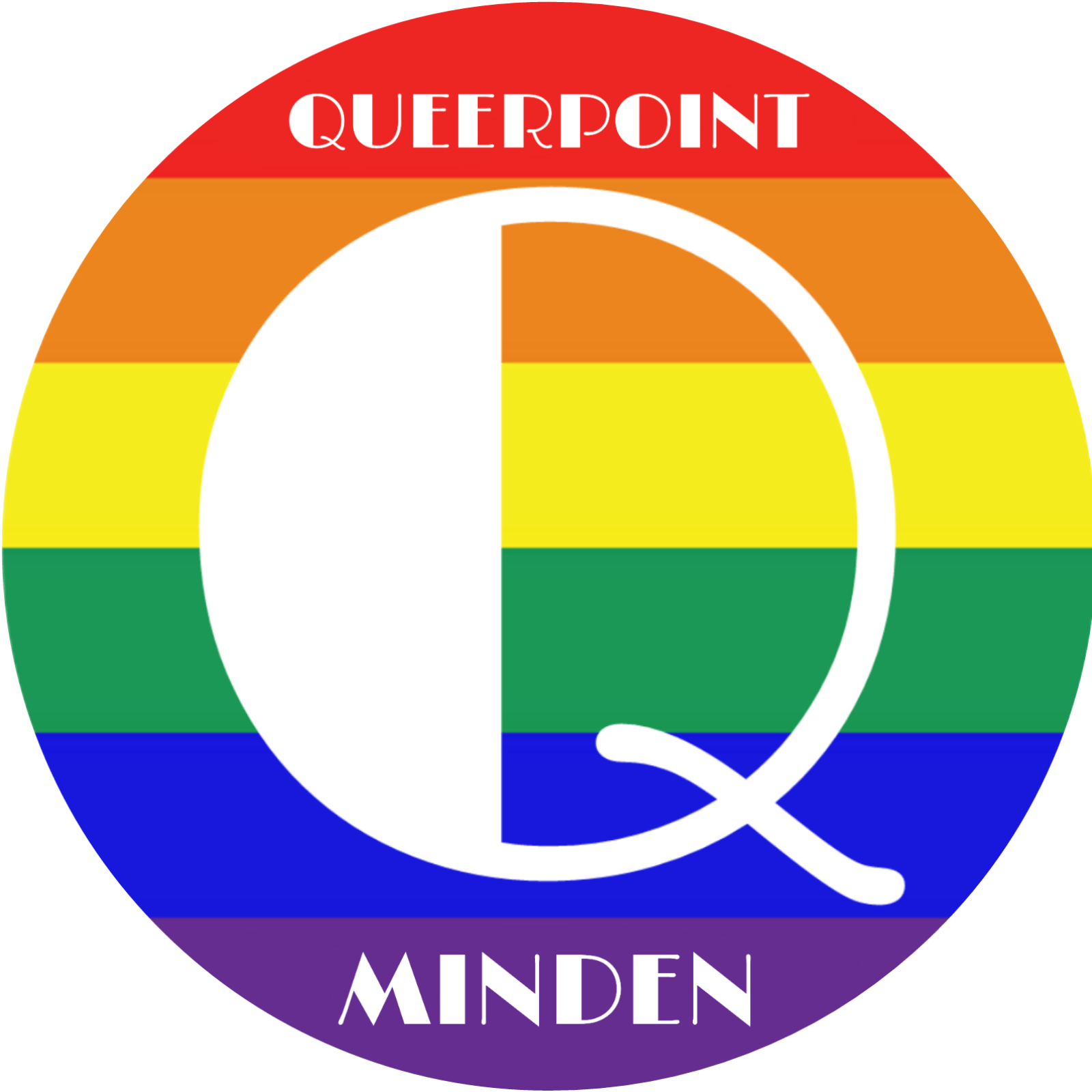 Logo des Queerpoint Minden, ein großes weißes Q auf einem runden Hintergrund in Regenbogenfarben.