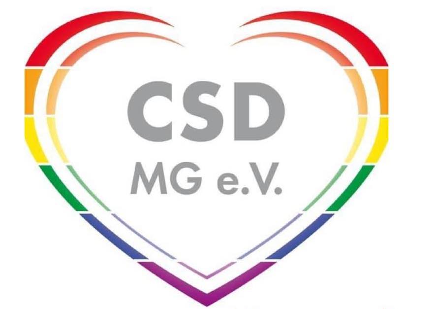 Logo des CSD Mönchengladbach e.V. in einem Herz, das von Regenbogenfarben umrandet ist.
