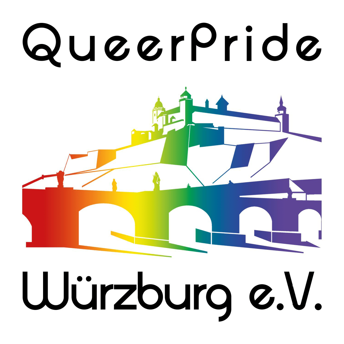 Logo der Queer Pride Würzburg e.V., Silhouette einer Brücke und Festung in Regenbogenfarben.