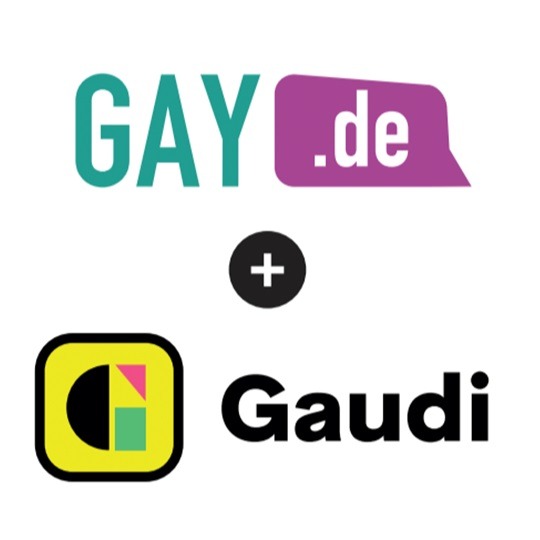 Logos von GAY.de und Gaudi untereinander, verbunden durch ein Pluszeichen. 