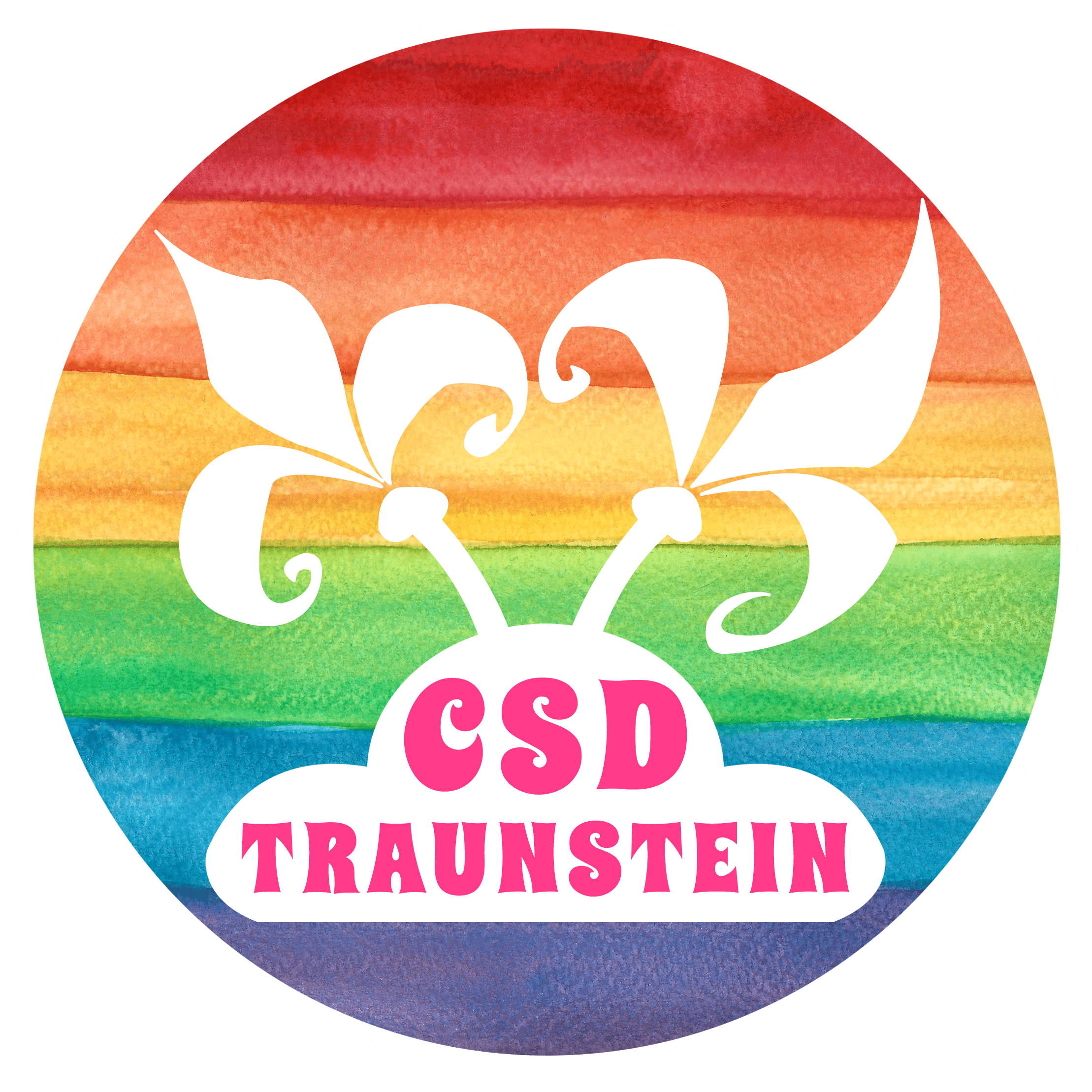 Rundes Logo des CSD Traunstein. Der Hintergrund ist in den Farben des Regenbogens gemalt. In der Mitte befinden sich zwei stilisierte weiße Lilien, darunter steht in pinker Schrift 'CSD Traunstein'.