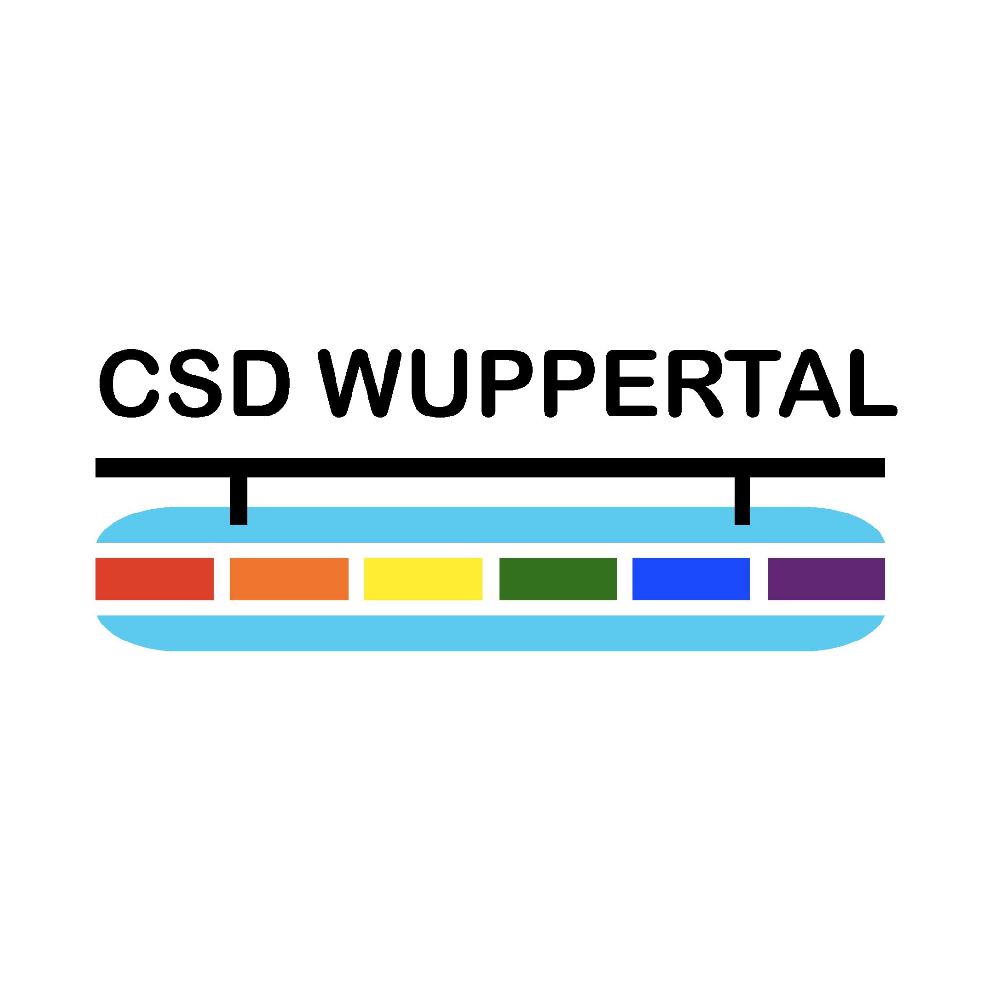 Logo des CSD Wuppertal. Oben steht der Schriftzug 'CSD Wuppertal' in schwarzen Großbuchstaben. Darunter ist ein stilisiertes Symbol einer Schwebebahn in Hellblau, mit Regenbogenfarben in den Waggons.