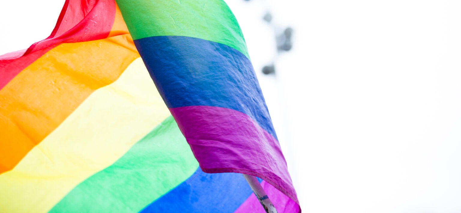 Eine Regenbogenfahne weht im Wind vor einem hellen, unscharfen Hintergrund.