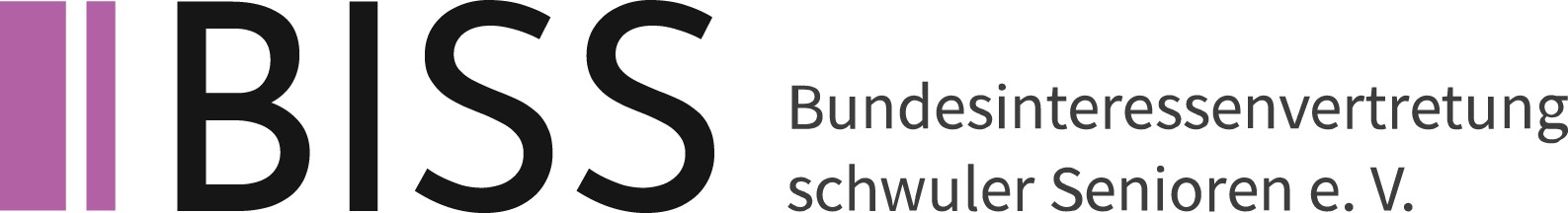 Das Logo der BISS - Bundesinteressenvertretung schwuler Senioren e.V. zeigt die Abkürzung "BISS" in großen schwarzen Buchstaben, links davon drei vertikale Balken in den Farben lila, schwarz und lila. Rechts daneben steht der vollständige Name des Vereins.