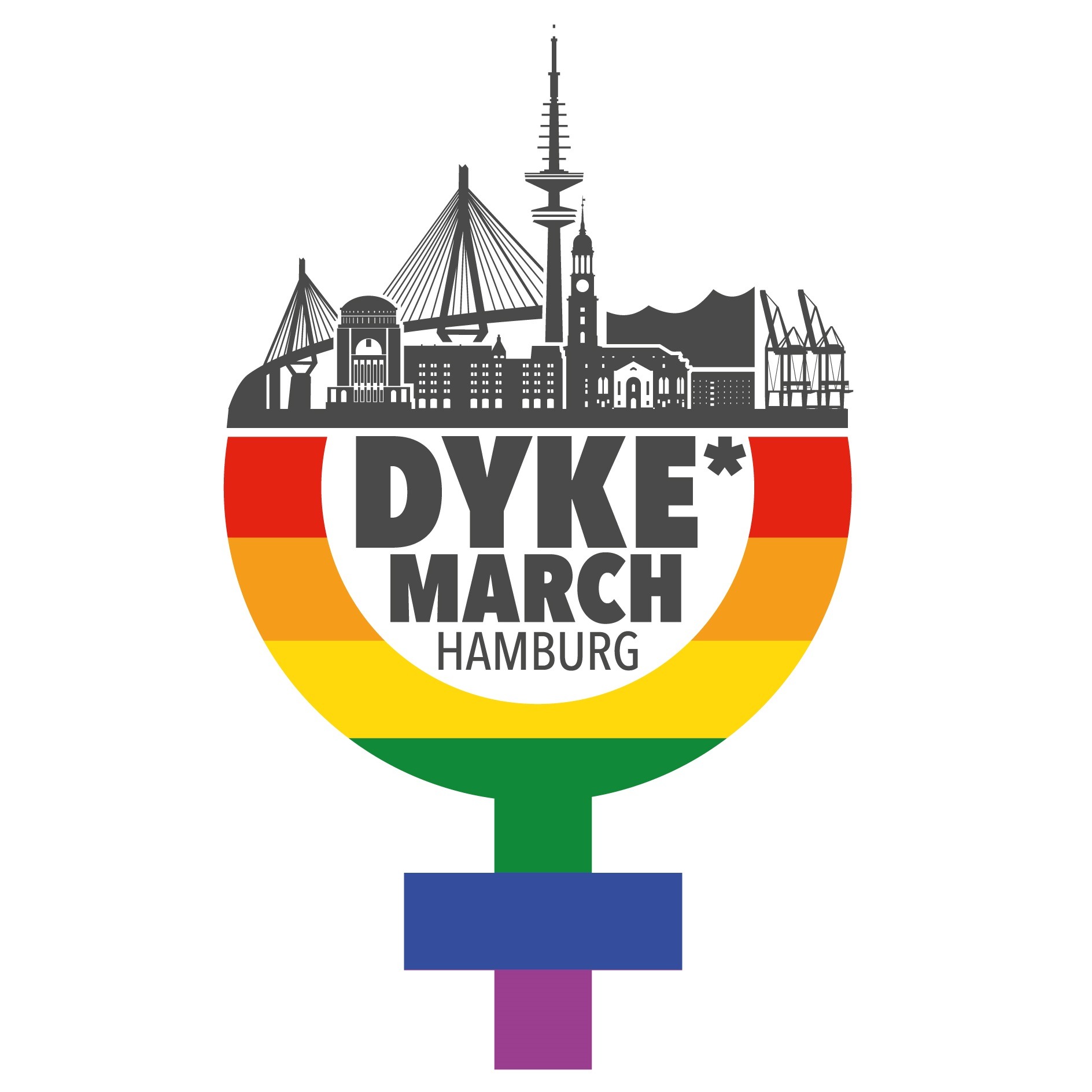 Logo des Dyke March Hamburg. Es zeigt die Skyline von Hamburg, darunter steht 'DYKE MARCH HAMBURG' in einer weiblichen Venus-Symbol-Form, die in Regenbogenfarben gestaltet ist.
