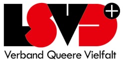 Logo of the LSVD+ (Lesbian and Gay Association). The letters “LSVD” are stylized in black and red. A small plus sign in a black circle complements the design at the top right. Below the logo is the words “Association of Queer Diversity” in black letters.