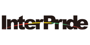 The image shows the InterPride logo. The “InterPride” lettering is designed in a bold, black font. A curved line in the colors of the rainbow runs through the center of the lettering, symbolizing the strengthening of Pride organizations worldwide.