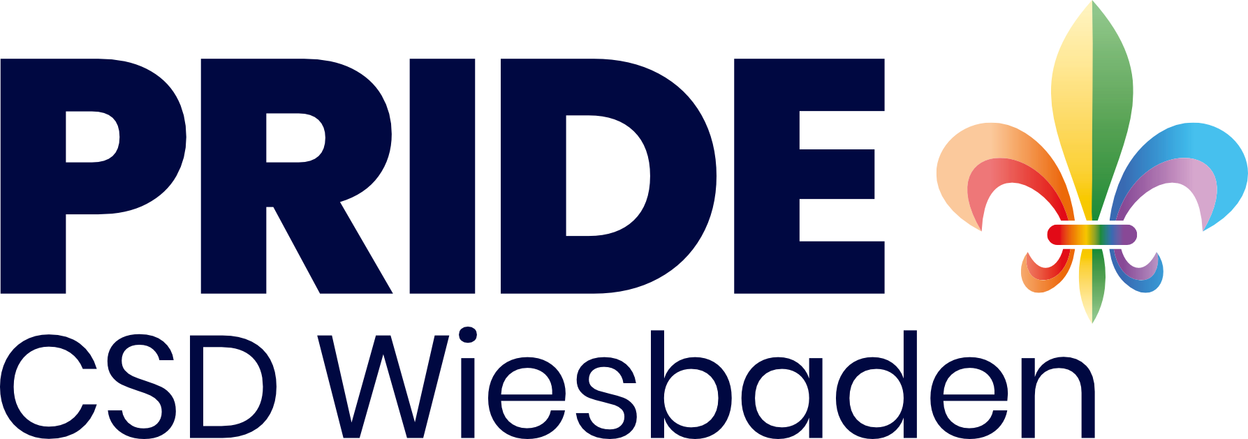 Logo des CSD Wiesbaden. Oben links sind stilisierte Blumen in den Farben des Regenbogens angeordnet. Darunter steht in großen grauen Buchstaben 'CSD Christopher Street Day' und 'Wiesbaden' in lila Schrift.