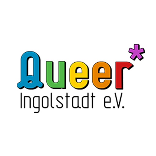 Bunte Buchstaben bilden das wort Queer mit Sternchen, darunter steht kleiner Ingolstadt e.V., zusammen bilden sie das Logo des Vereins queer Ingolstadt e.V.