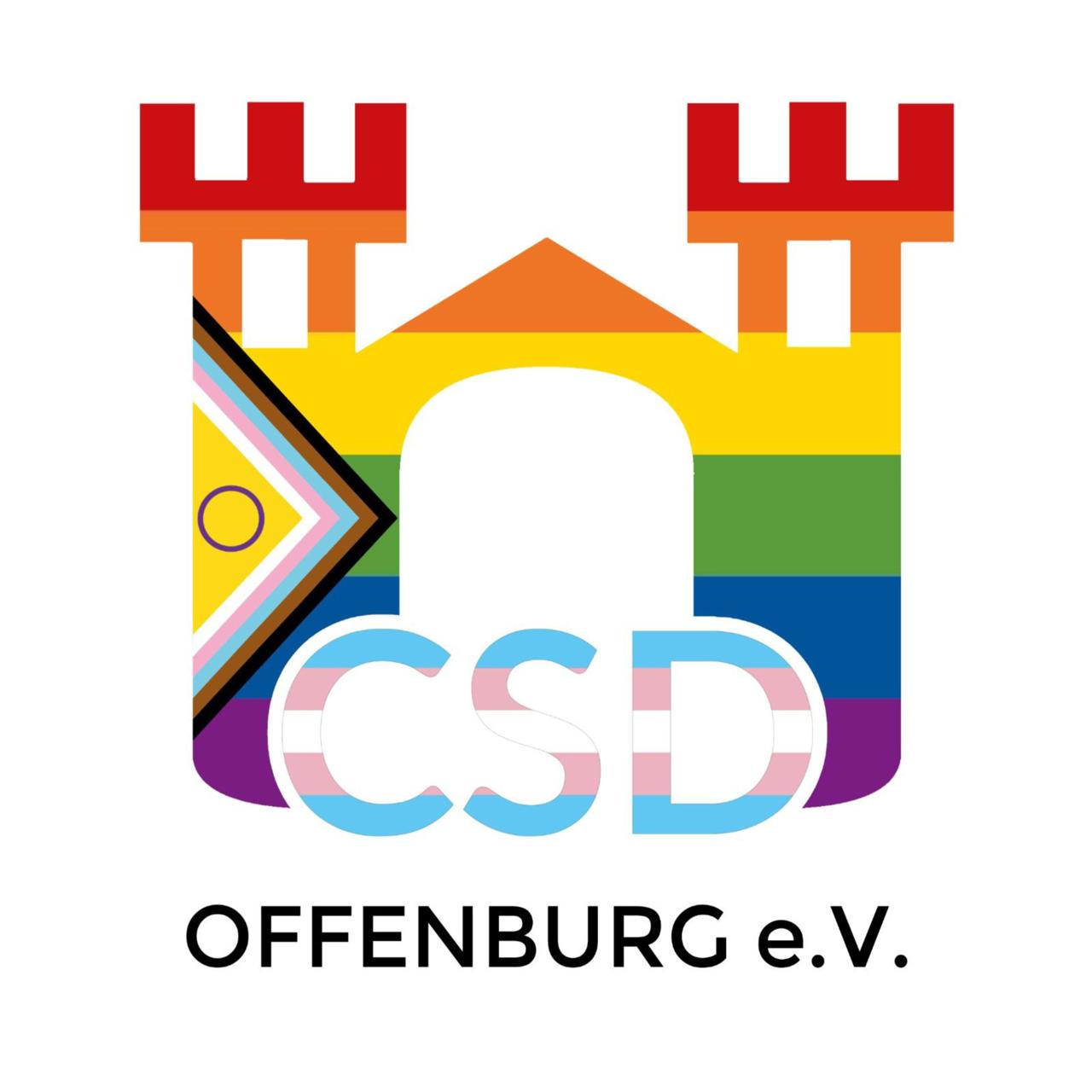 Logo des Vereins CSD Offenburg, es zeigt eine Burg in Regenbogen Farben, die Buchstaben CSD sind in der Transfarben gestaltet, ganz unten steht in schwarzen Buchstaben OFFENBURG e.V.