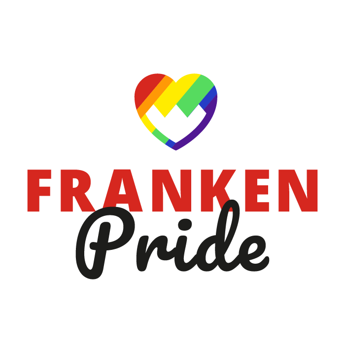 ogo des Frankenpride: Ein Herz in Regenbogenfarben mit einem stilisierten weißen Element aus dem Fränkischen Wappen im Inneren. Darunter steht in roten Großbuchstaben ‚FRANKEN‘ und in geschwungener schwarzer Schrift ‚Pride‘.