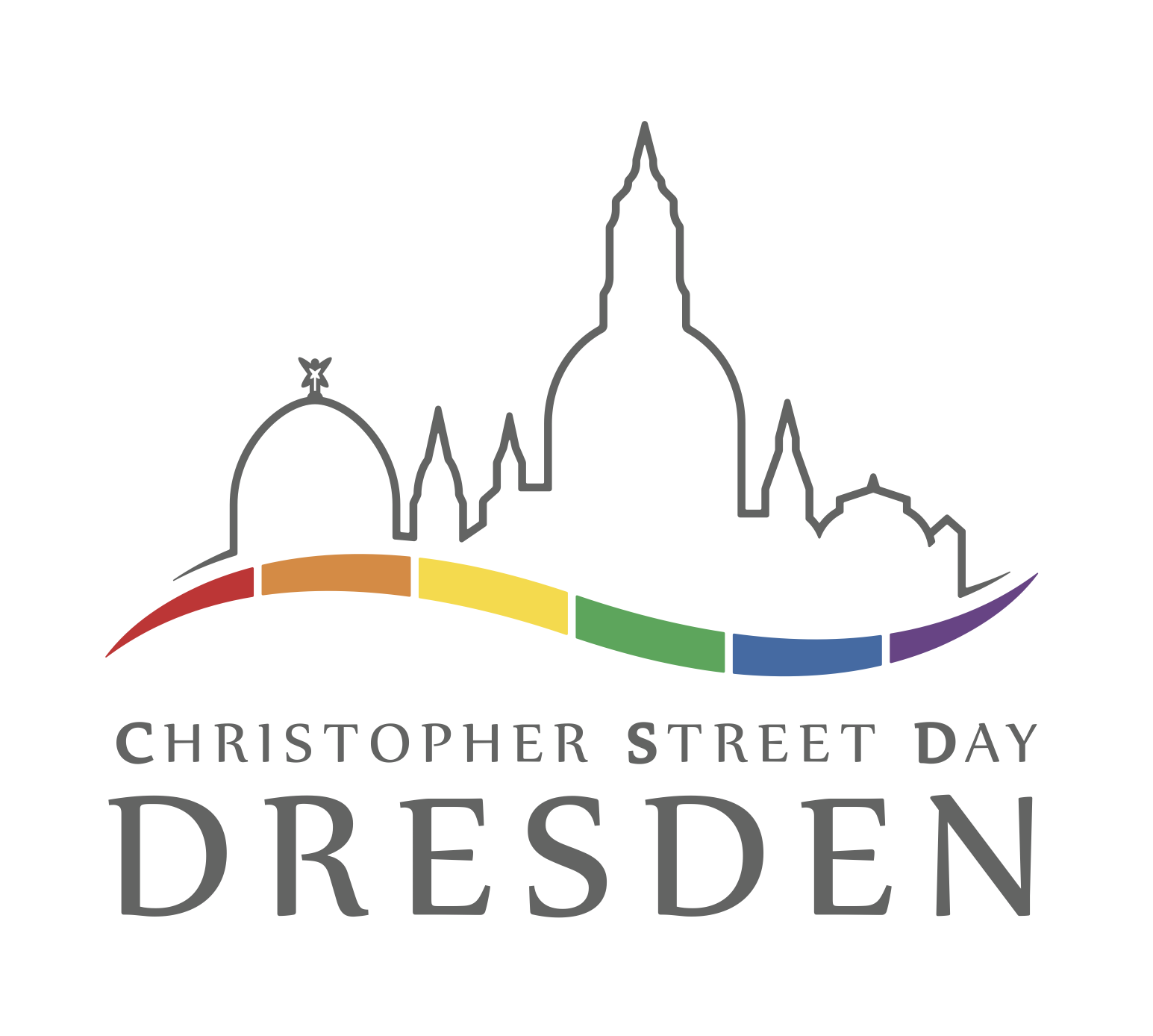 Logo des Christopher Street Day Dresden, dargestellt durch eine stilisierte, graue Silhouette der Dresdner Skyline, einschließlich markanter Gebäude wie der Frauenkirche. Unter der Skyline verläuft ein halbkreisförmiger Regenbogenstreifen. Darunter steht 'CHRISTOPHER STREET DAY DRESDEN' in grauer Schrift. Das Design symbolisiert die Vielfalt und das kulturelle Erbe der Stadt.