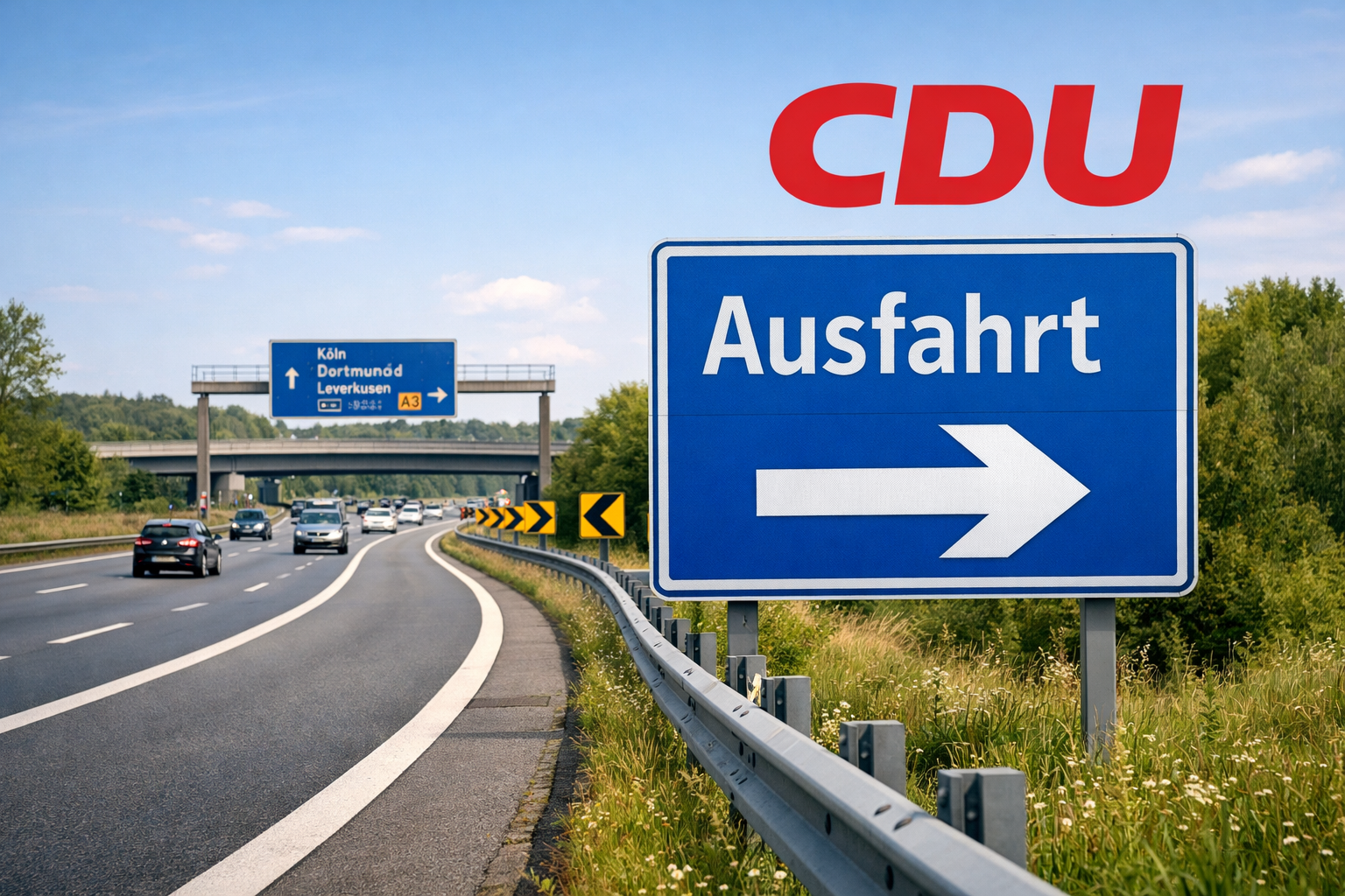Autobahn mit Abbiegepfeil nach Rechts und darüber CDU