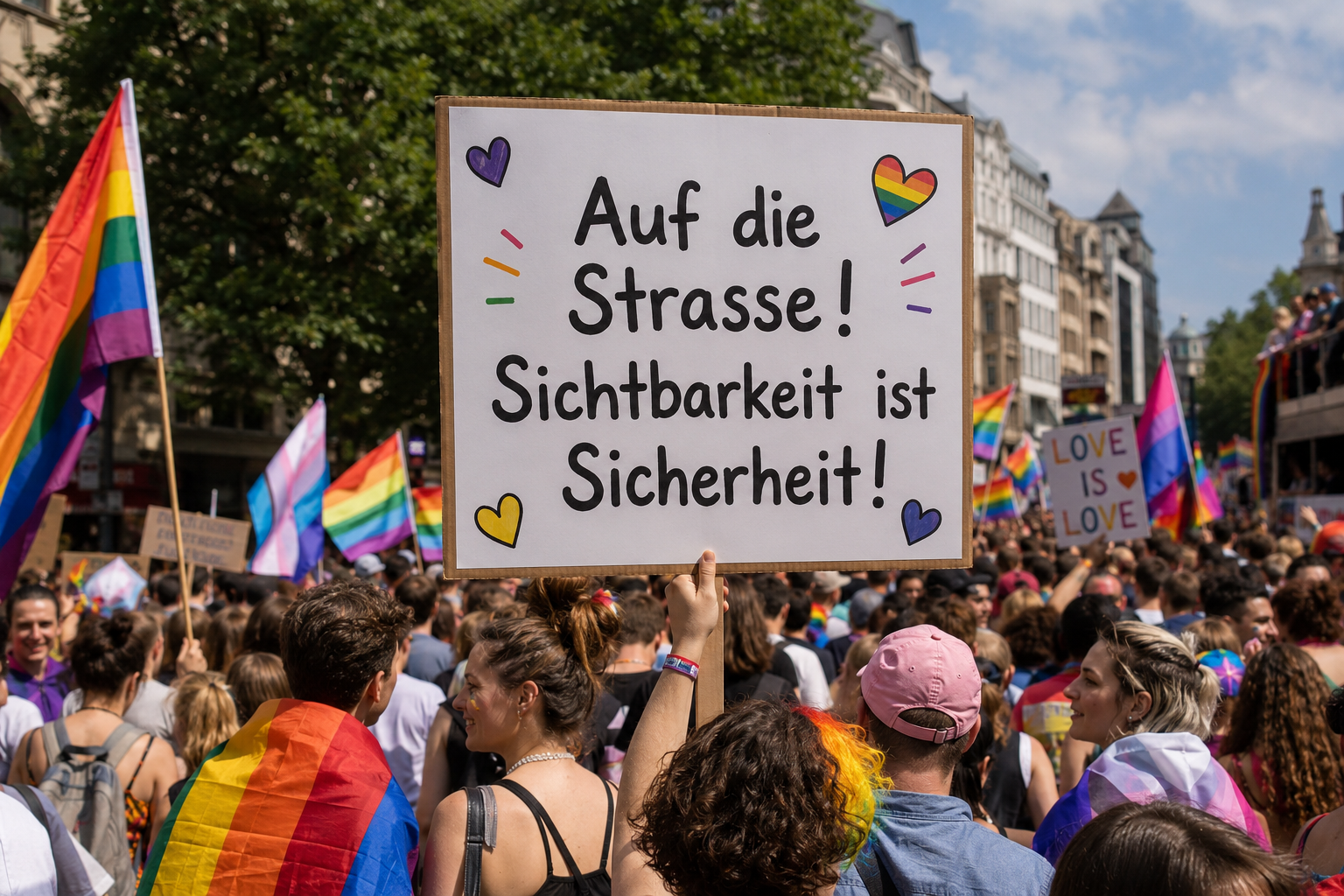 Auf dem Bild sind demonstrierende Menschen zu sehen. In der Mitte ist ein Schild, auf dem steht, dass Sichtbarkeit Sicherheit schafft.
